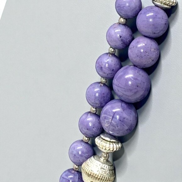 Double Strand Purple Beaded Necklace with Silver Accents Vintage-Inspired 25"L - Picture 3 of 5